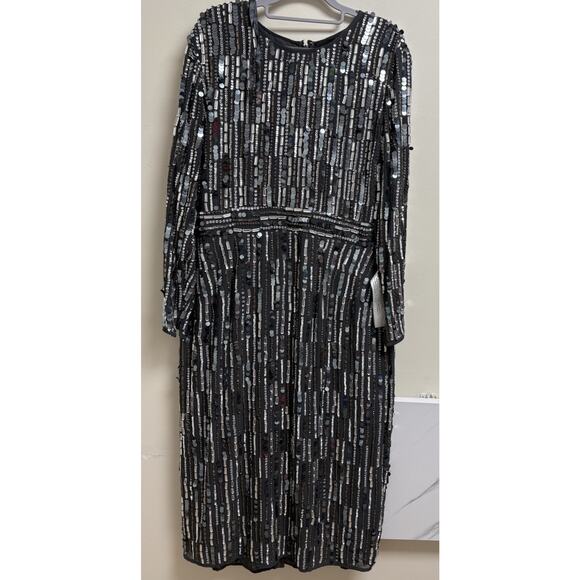 Mac Duggal 93590A Gray Sequin Beaded Long Sleeve Cocktail Dress Size 16 NWT - Picture 4 of 11